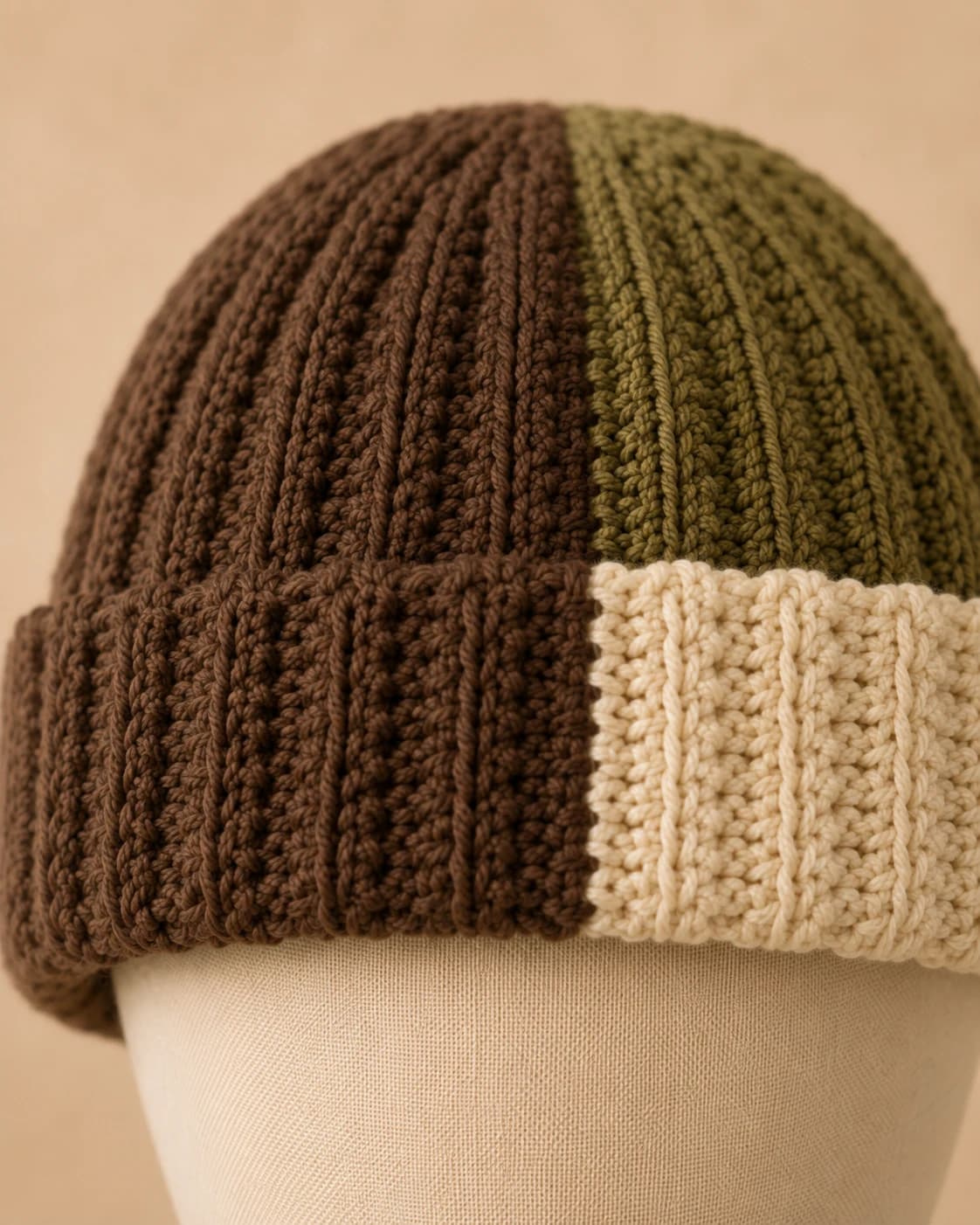 Hearth Beanie in Cocoa, close up.