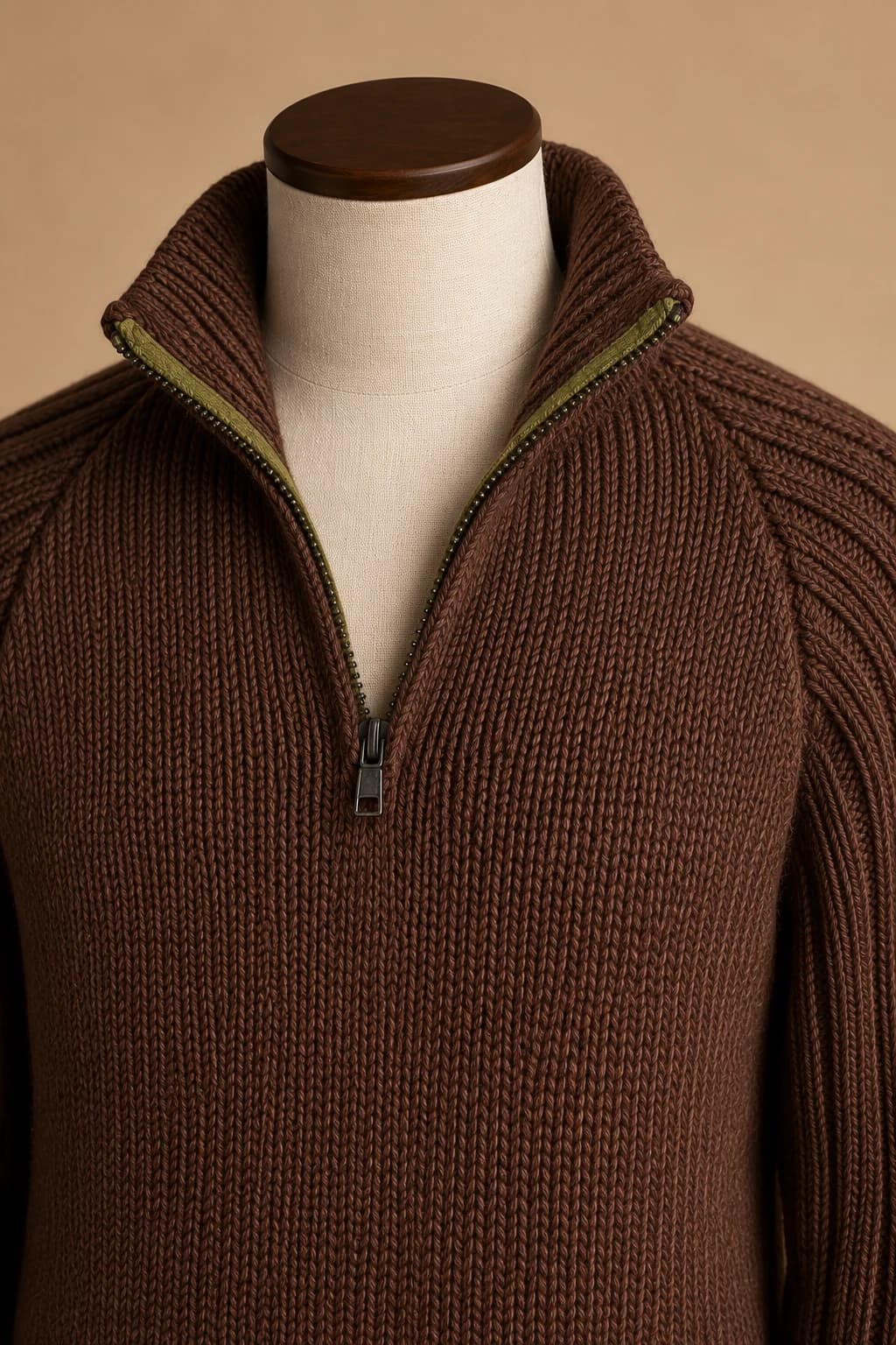 Ridge Zip Sweater in Cocoa, close up.