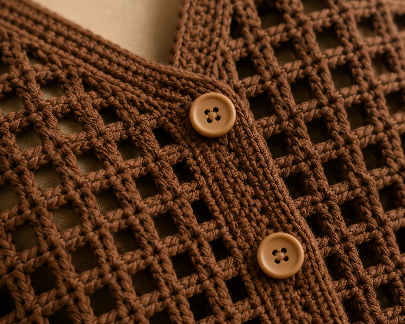 Root Vest in Cocoa, close up.