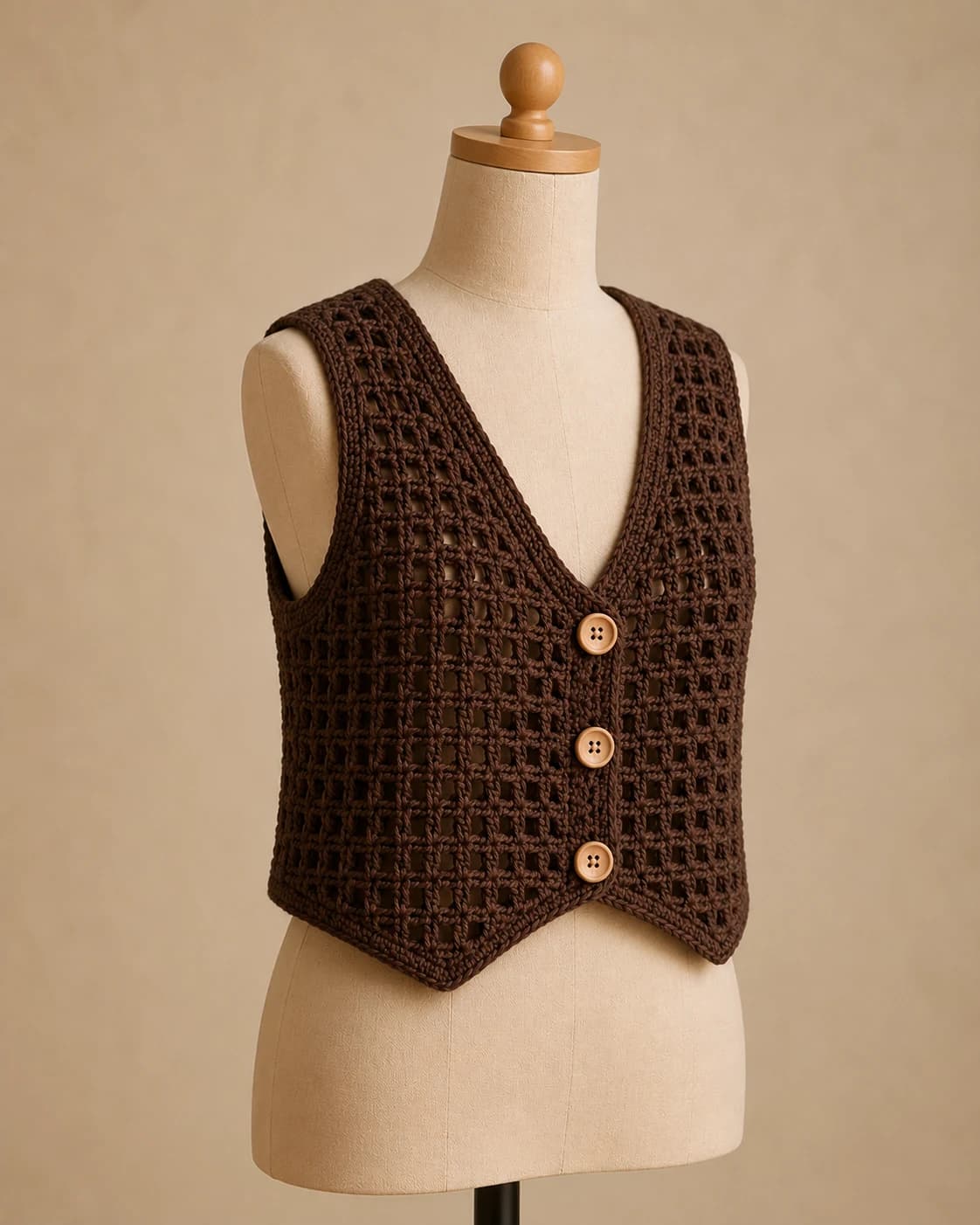 Root Vest in Cocoa, side three quarter.